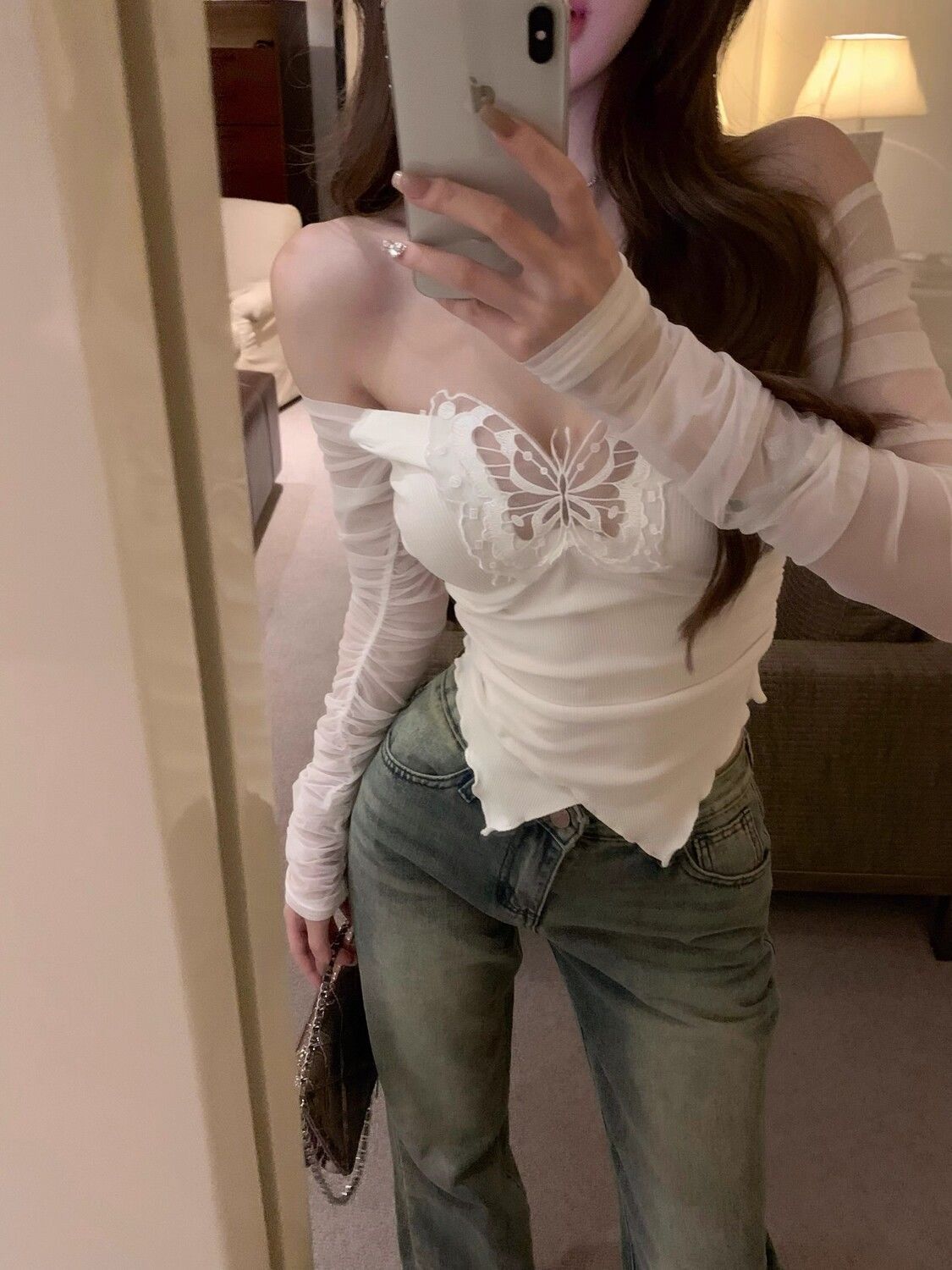 Off-shoulder Long Sleeve Gauzy Stitching T-shirt Women
