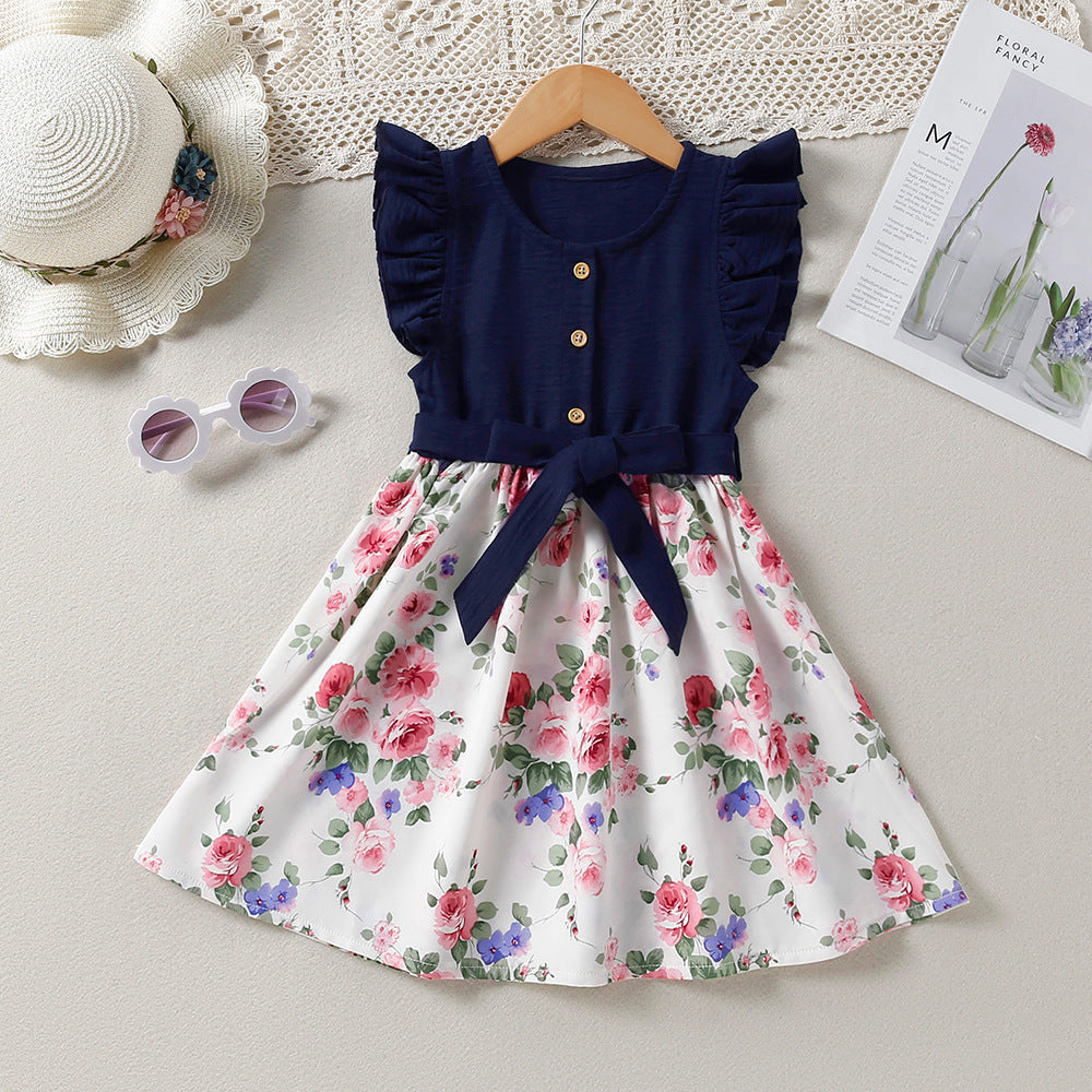 Children's Summer Spring And Summer Lace Sleeve Floral Princess Dress Free Lace-up