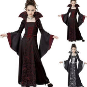 Children's Halloween Costume Witch Retro Lace Up Stand-up Collar Flared Sleeves Printed Maxi Dress