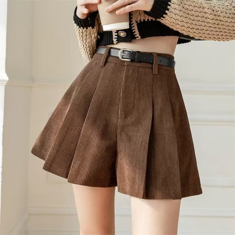Women’s Corduroy Pleated Shorts – Slim Casual Wide-Leg, High-Waist