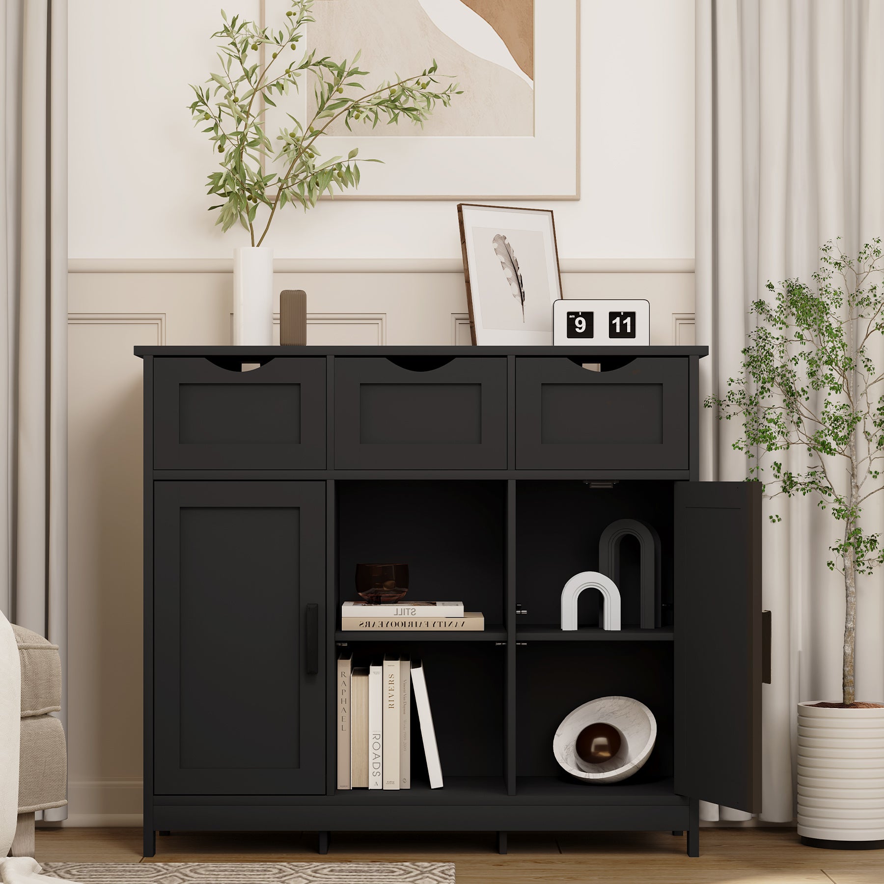 Wooden Floor Storage Cabinet with Drawers and Shelves
