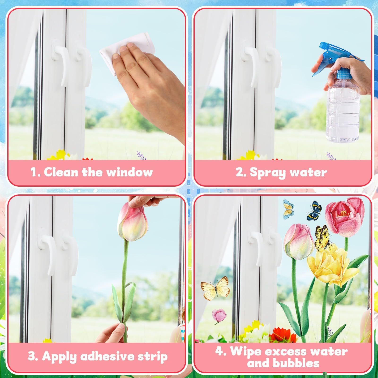 Spring Window Stickers – 9 Sheets Self-Adhesive Flowers, Butterflies & Hummingbirds Decor