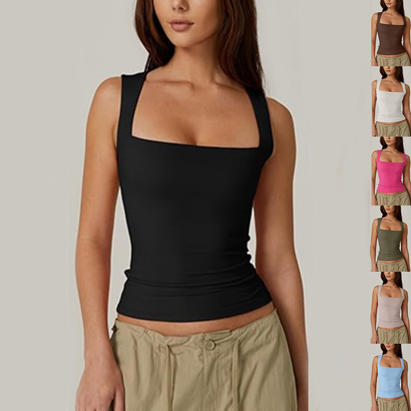 Women's Slim Polyester Square Neck Tank Vest Solid