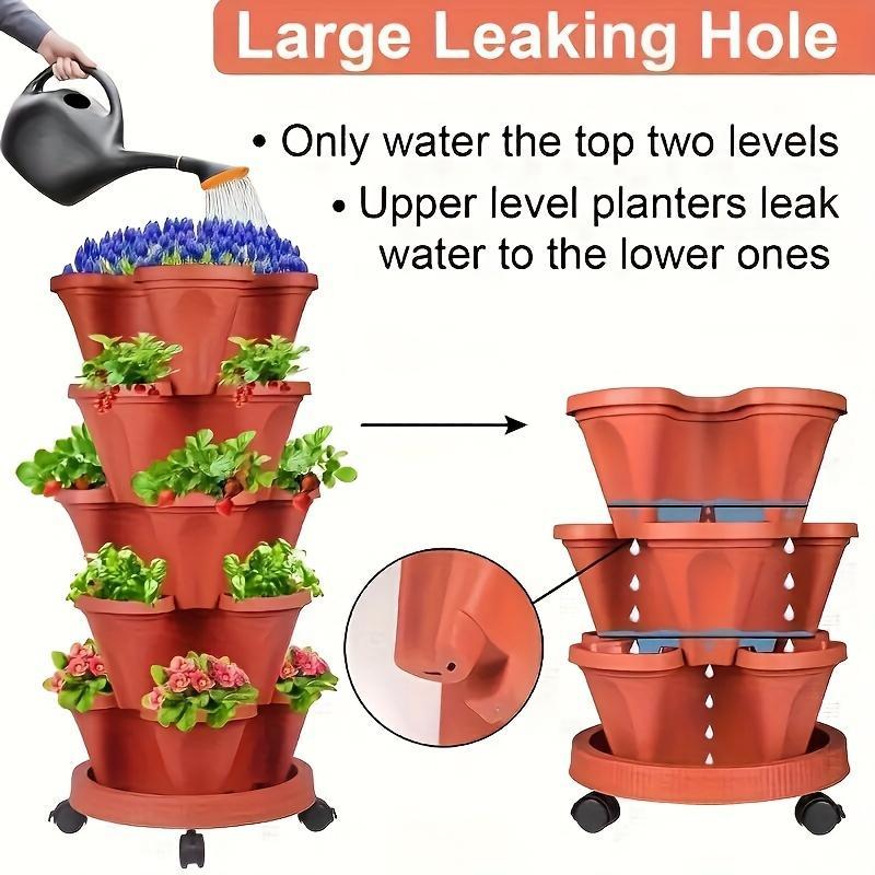 16 Pieces 5-Layer Stackable Flower Pots Vertical Garden Flowers Herbs Strawberry Vegetables Durable Plastic With Mobile Wheels Indoor And Outdoor Flower Pots
