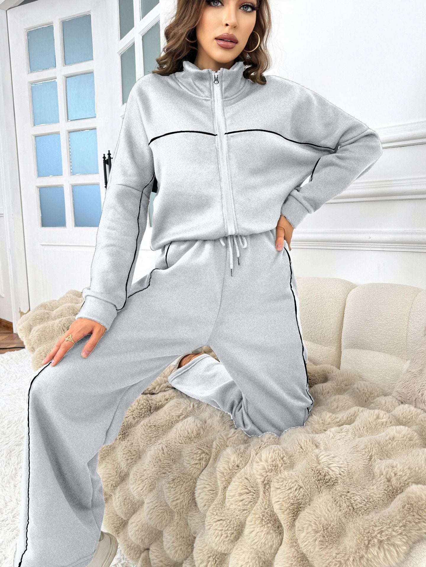 Women's Casual Long-sleeved Half Turtleneck Cardigan Sweater Lace-up Striped Trousers