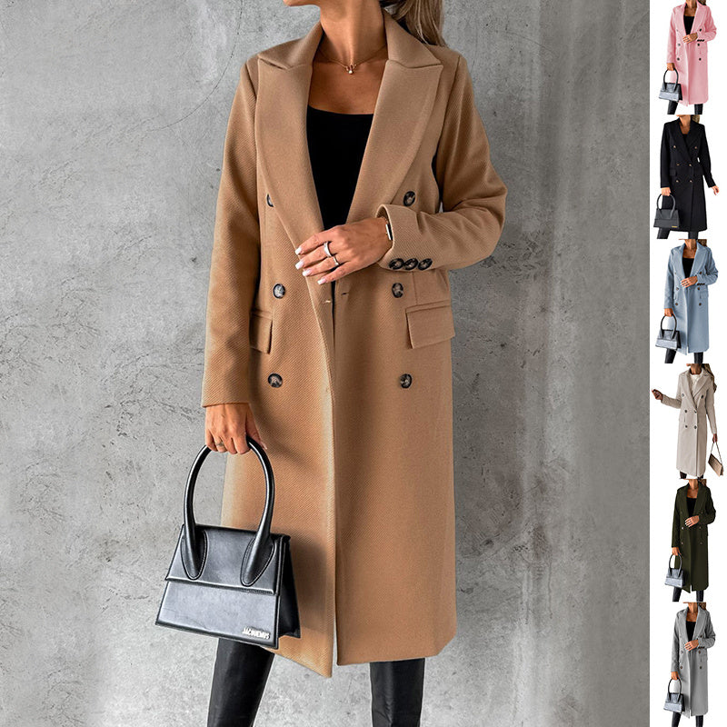 Womens Slim Double Breasted Lapel Long Coat Polyester Solid