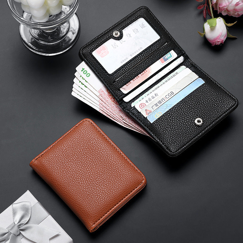 Unisex Lychee Pattern PU Leather Compact Short Wallet Slim