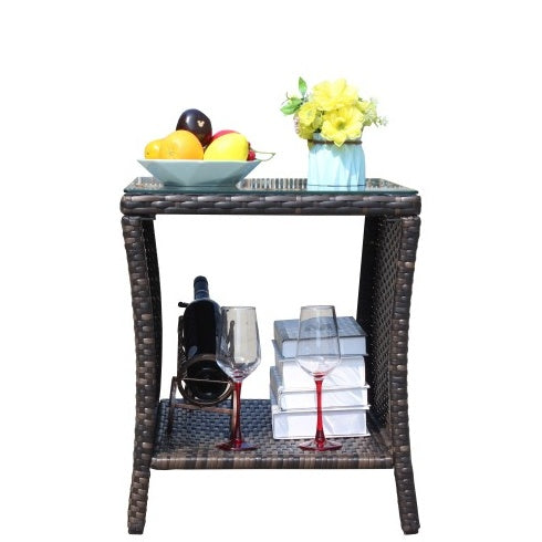 Brown PE Rattan Outdoor Coffee Table with Clear Tempered Glass