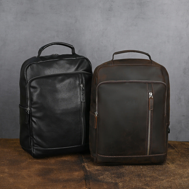 Men's European Genuine Leather Travel Backpack Solid Color