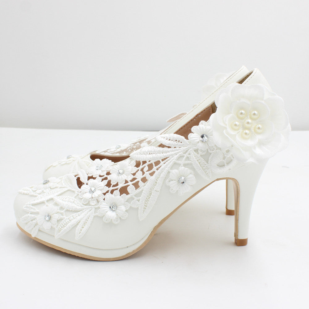 White Matte Lace Flower Wedding Stiletto Heels
