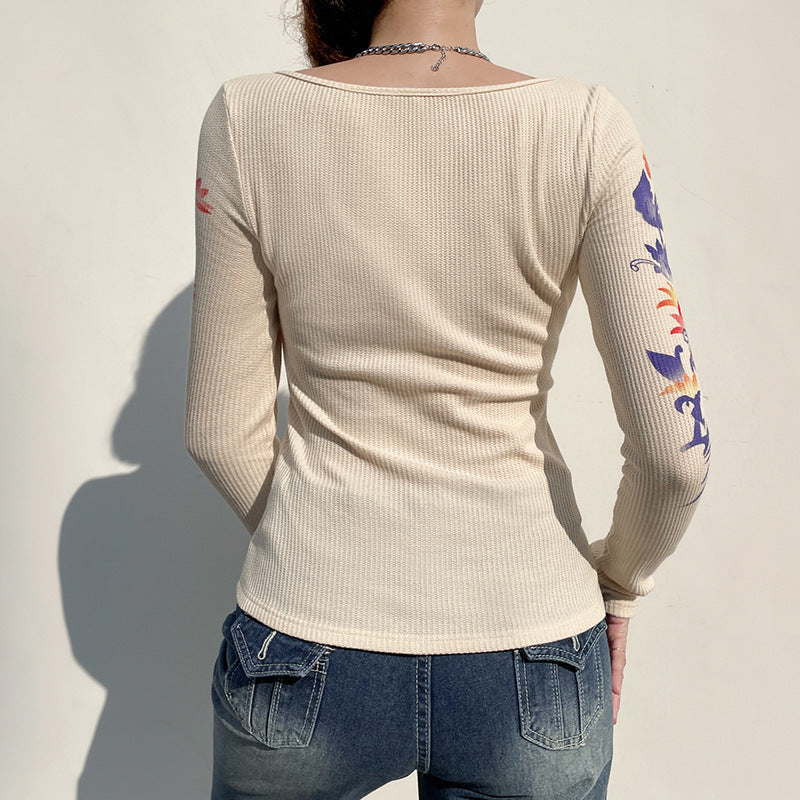 Heart Print Round Neck Low Cut Long Sleeve T-shirt Women