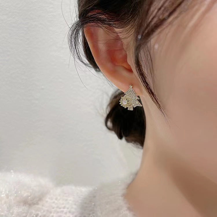 Rotatable Christmas Tree Earrings with Rhinestone Snowflake Studs Holiday Festival Jewelry Gifts for Women