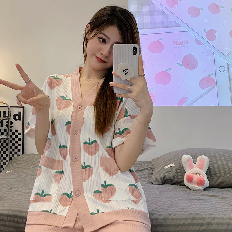 Simple Short-sleeved Honey Printed Peach Home Wear