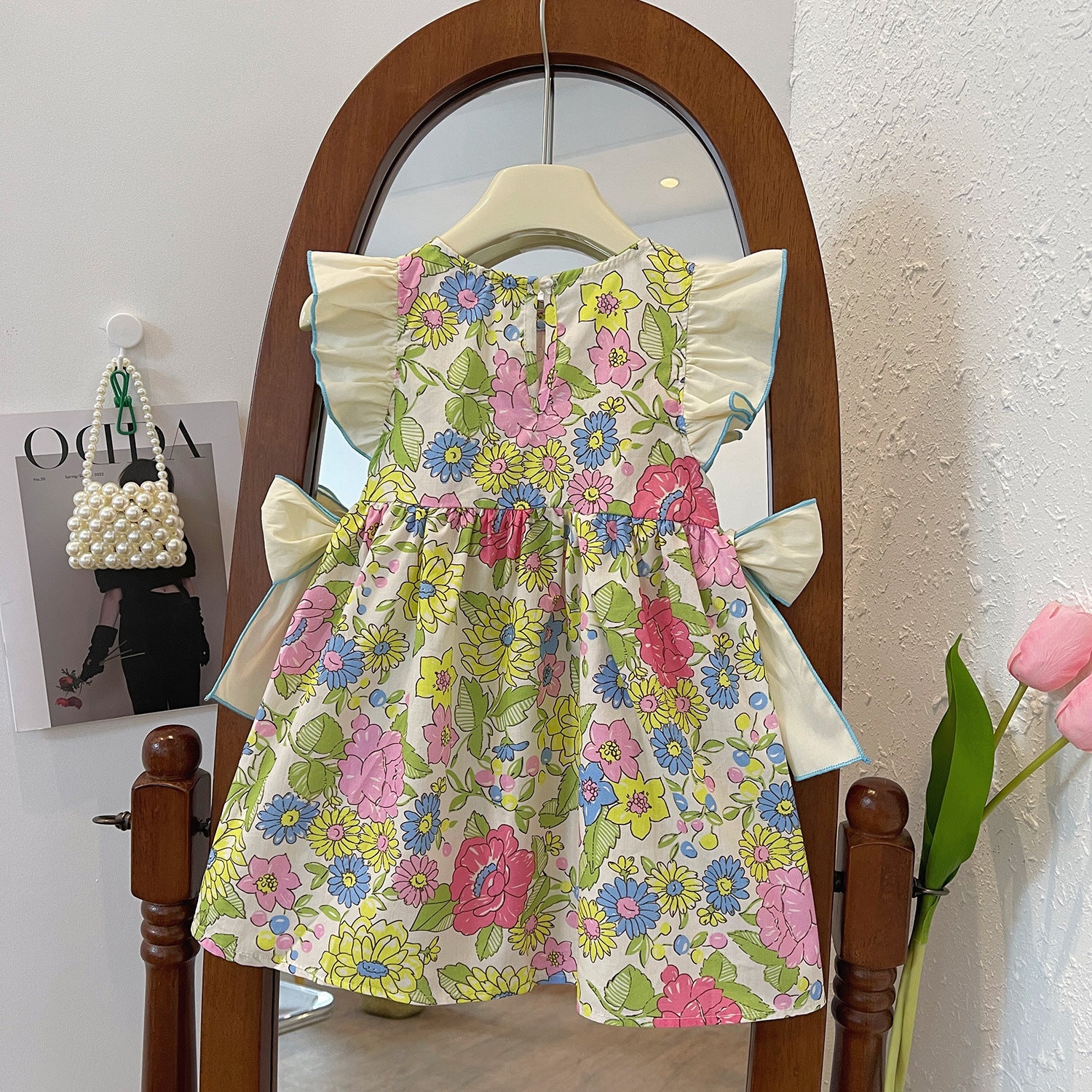 Girls' Floral Wooden Ear Double Bow Sleeveless Dress