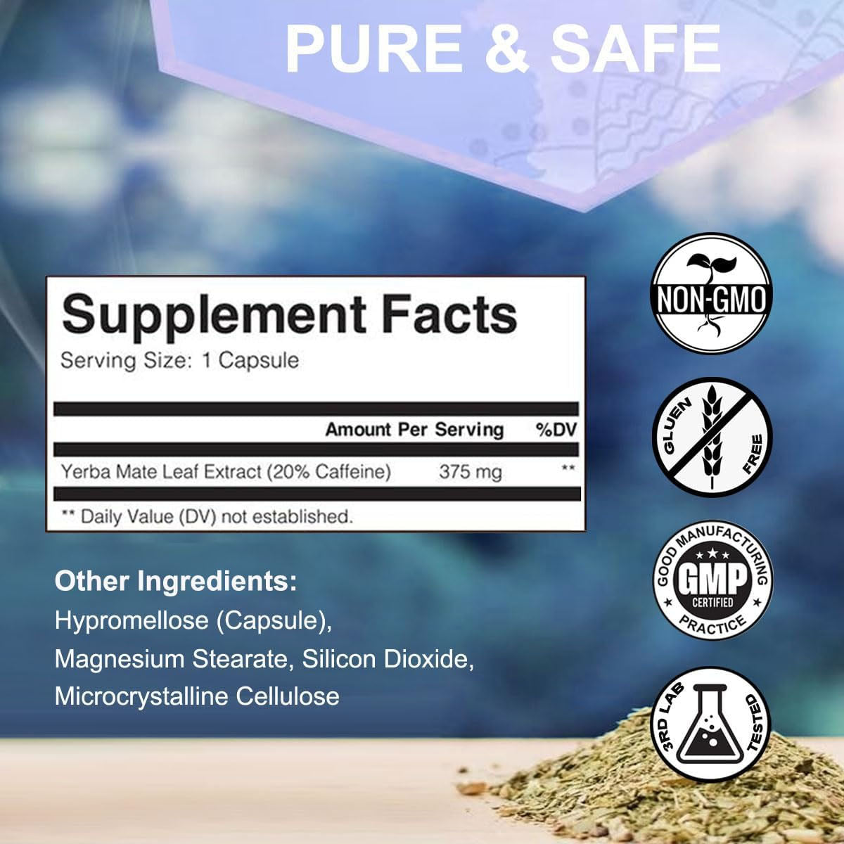 WINYEL Yerba Mate Capsules 75mg Natural Caffeine Per Capsule Natural Plant-Based Energy & Focus Support Supports Mental Clarity & Digestive Wellness Gut Health 60 Capsules