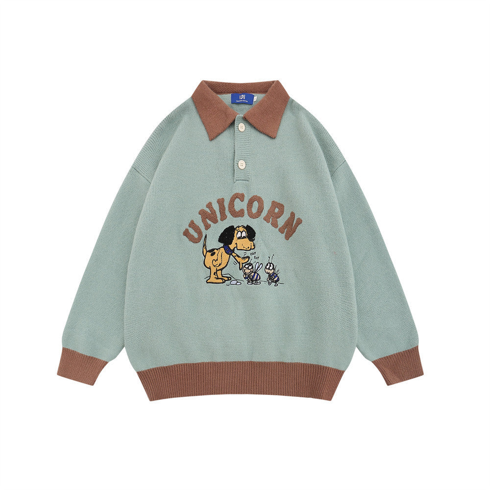 Cartoon Embroidered Knitwear Pullover Men