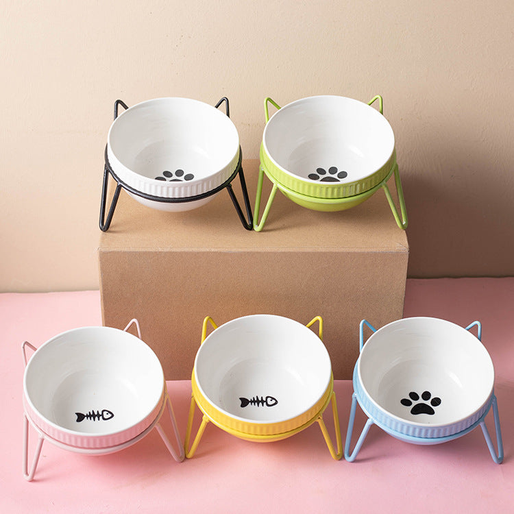 Ceramic Pet Bowl High Foot Neck Protection Snacks Anti-black Chin Oblique Mouth