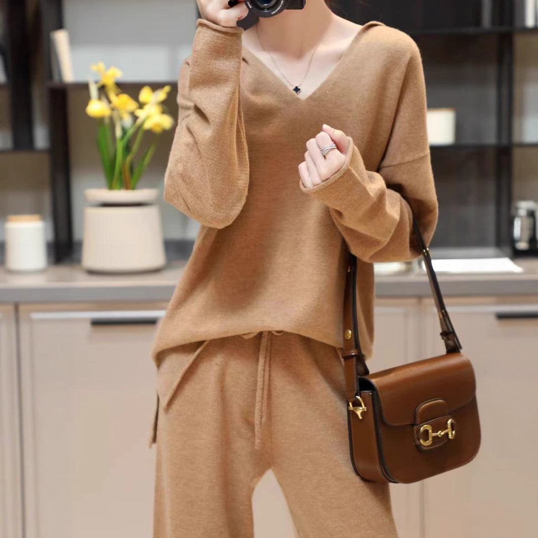 Unisex Korean Cashmere Hooded Top Spliced Wide Leg Pants