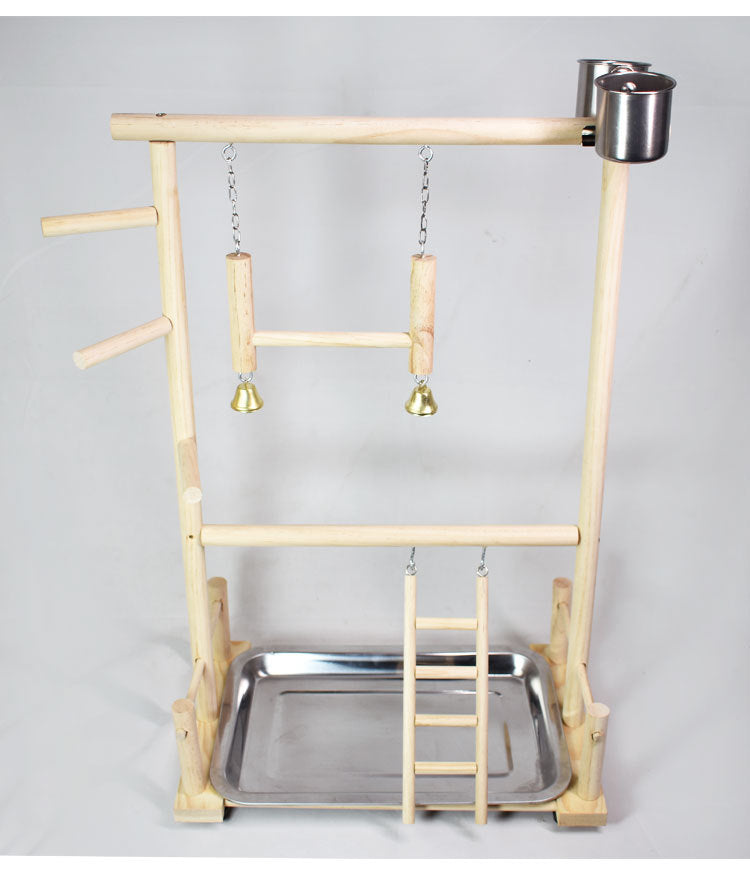 Solid Wood Bird Swing and Climbing Ladder with Double-Layer Stainless Steel Food Bowls – Parrot Playground Perch Toy