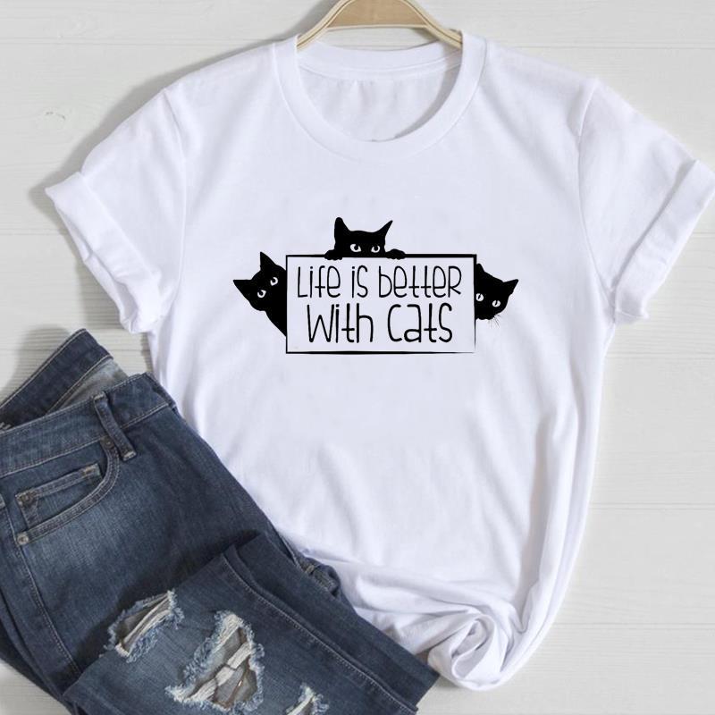 Cute Cat Print T-Shirt – Women's European & American Style Short Sleeve Top