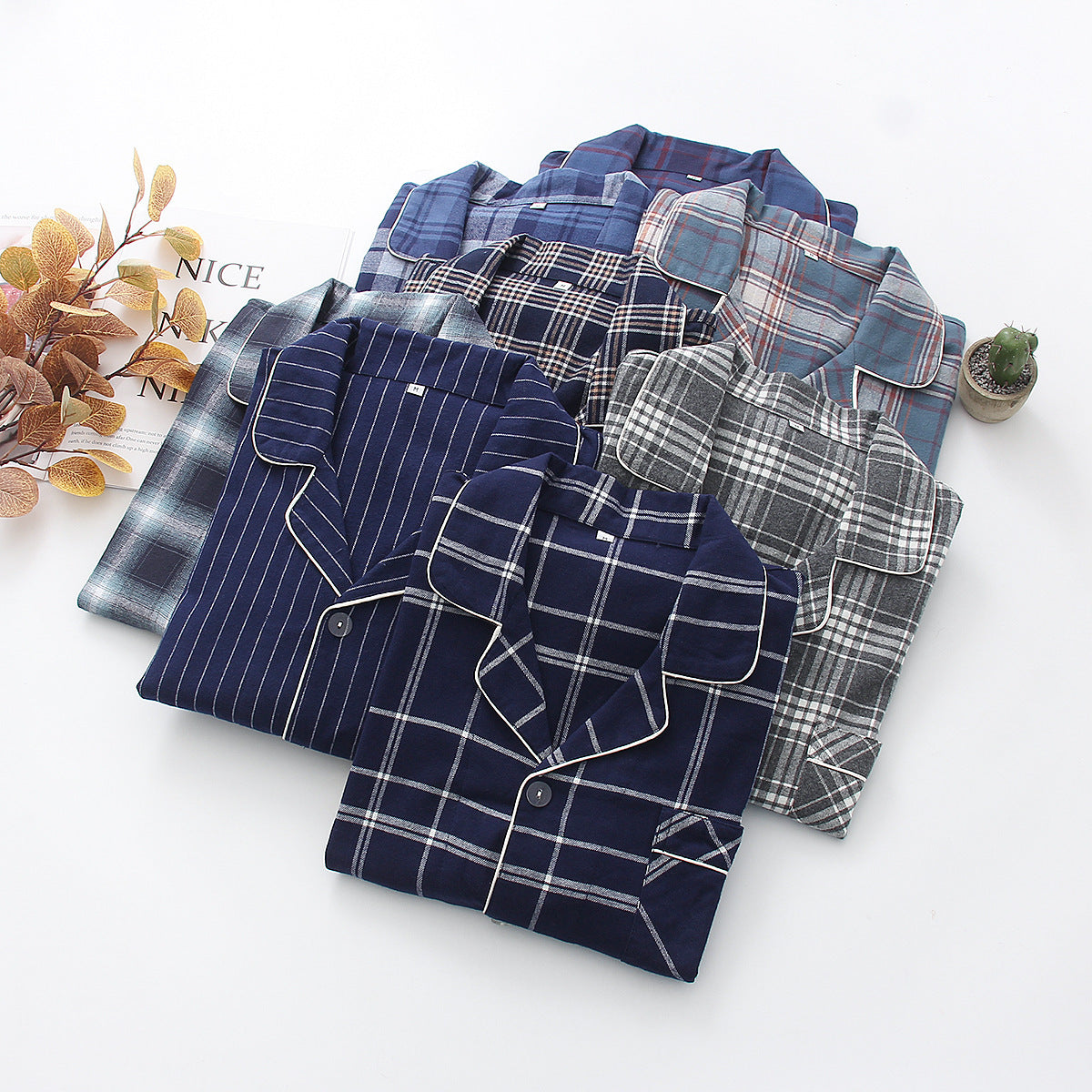 Unisex Flannelette Pajama Set Grid Pattern Cotton Warm