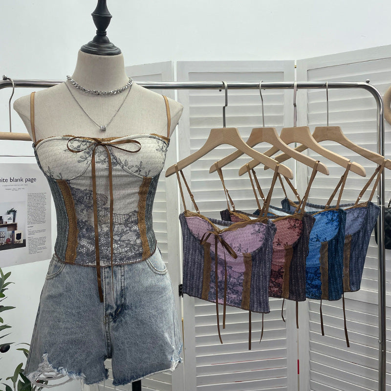 Vintage Ink Painting With Chest Pad Short Lace Up Tube Top For Women