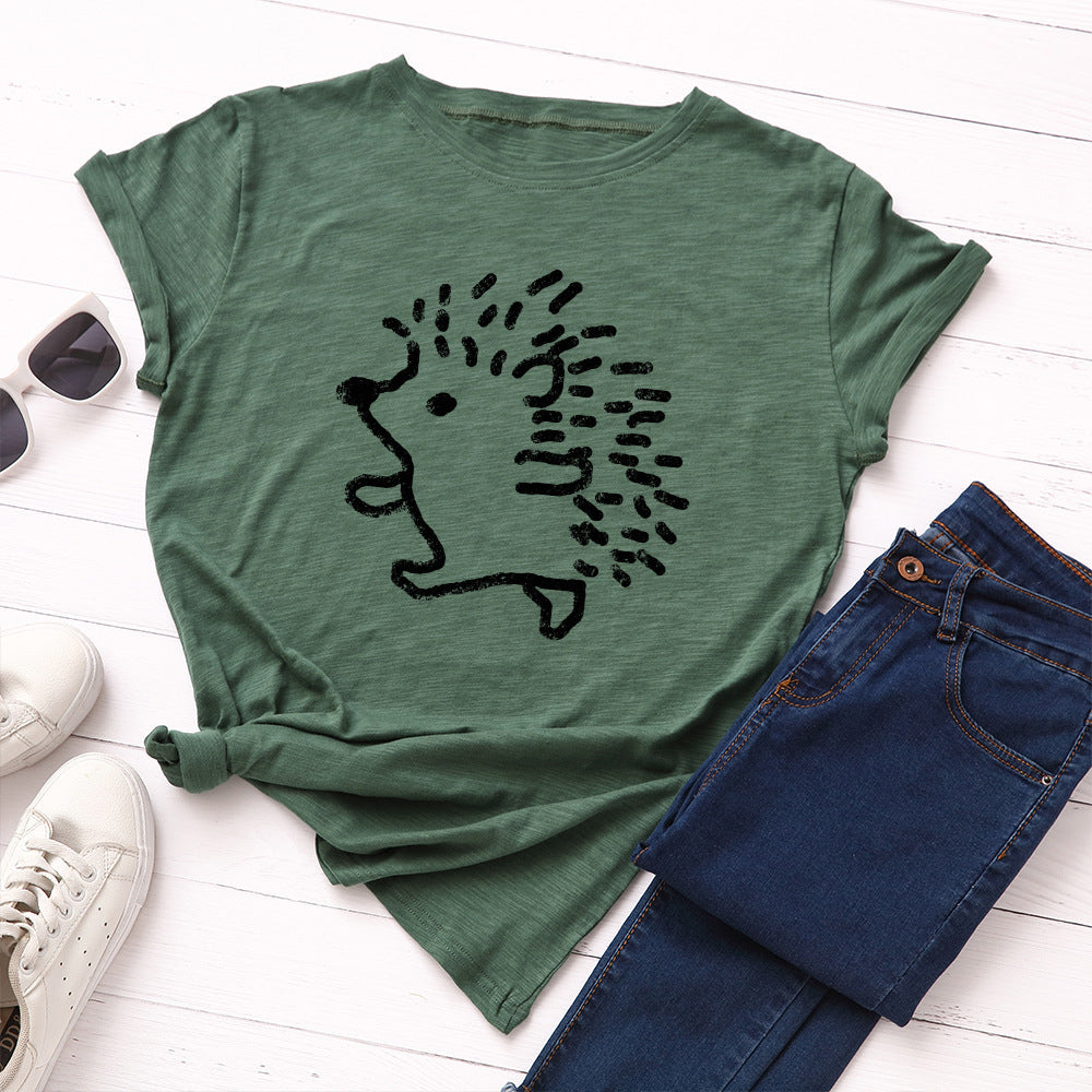 Women's  COTTON Hedgehog Round Neck Short Sleeve T-shirt Women