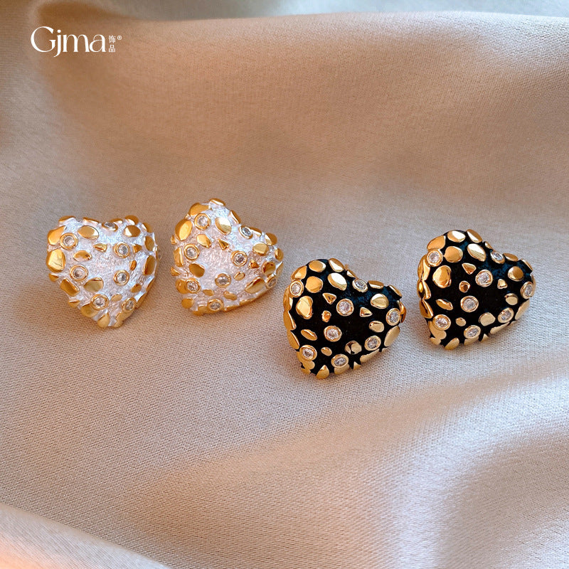 Gold Plating Silver Needle Zircon Dripping Oil Love Heart Earrings Autumn
