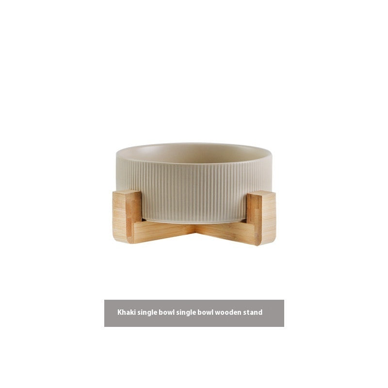 Pet Simple Wooden Frame Anti-tumble Ceramic Bowl