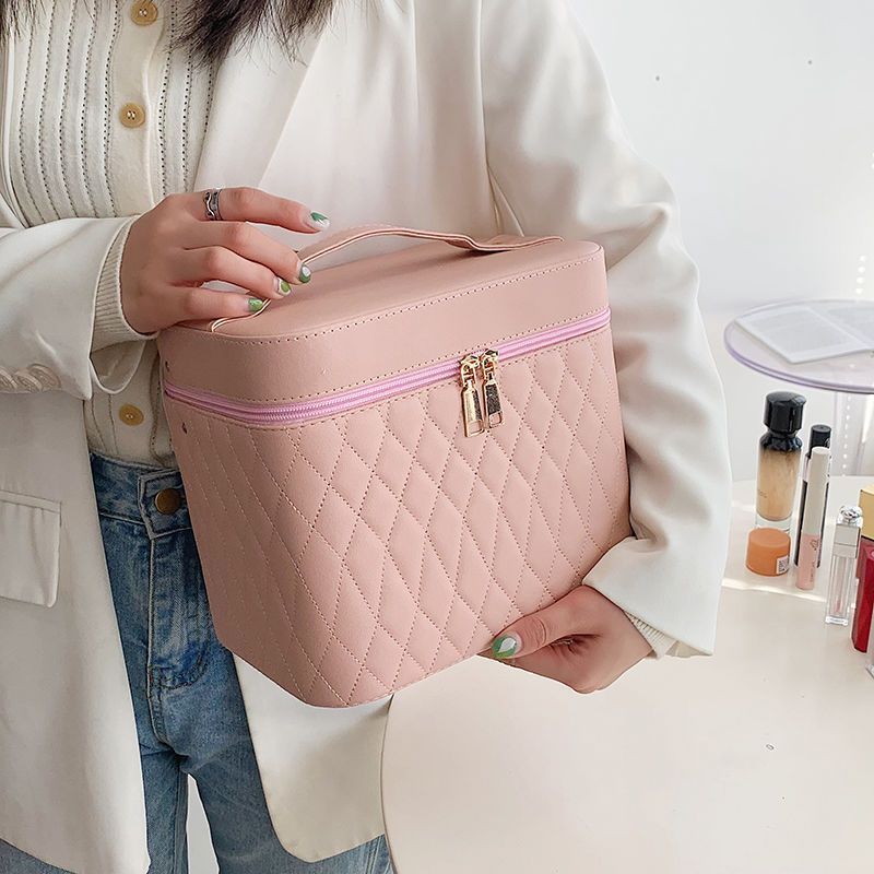 Cosmetic Bag with Mirror – Rhombus Embroidery Double-Layer Storage Caseesign Fashion Rhombus-Embroidery Double-layer Suitcase Large Capacity Make-up Storage Bags For Women