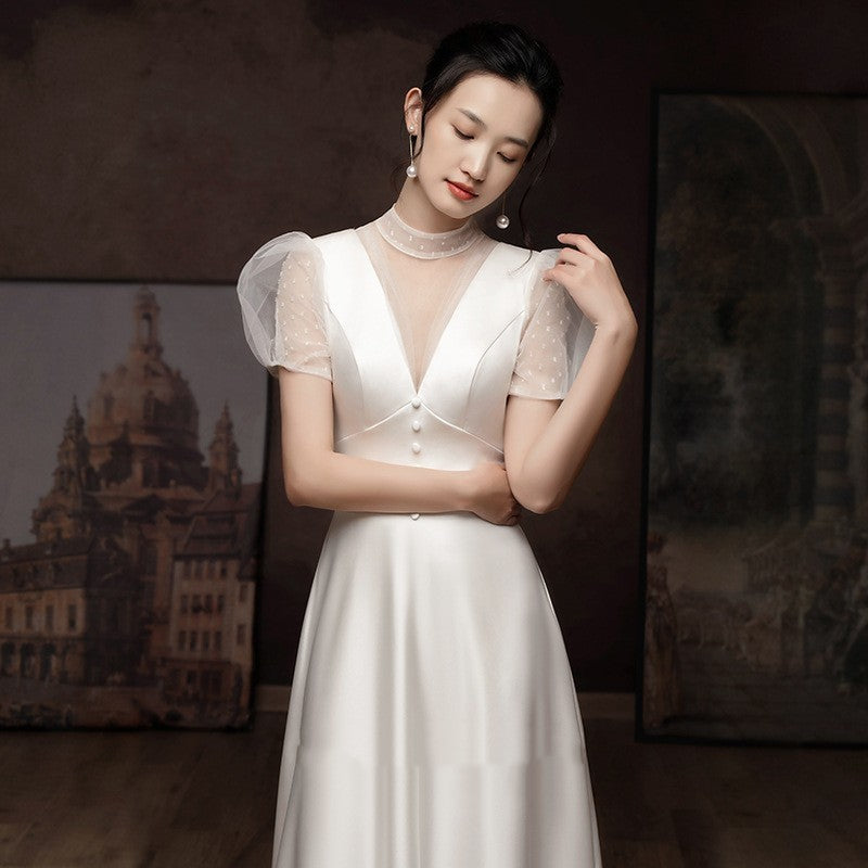 Elegant White French Satin Light Engagement and Wedding Dress for Women