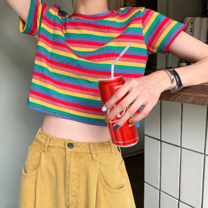 Loose Rainbow Stripes Short Sleeve T-shirt Top