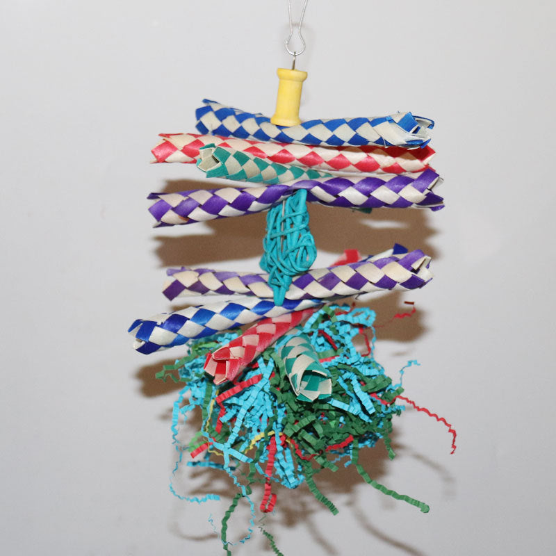 Colorful Shredded Paper And Rattan Weaving Wooden Gnawing Bird Cage Decoration