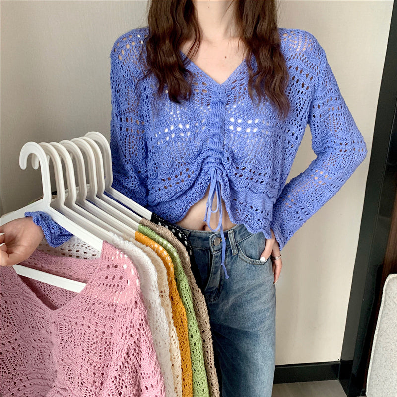 New Korean Style Loose V Neck Drawstring Crop Top