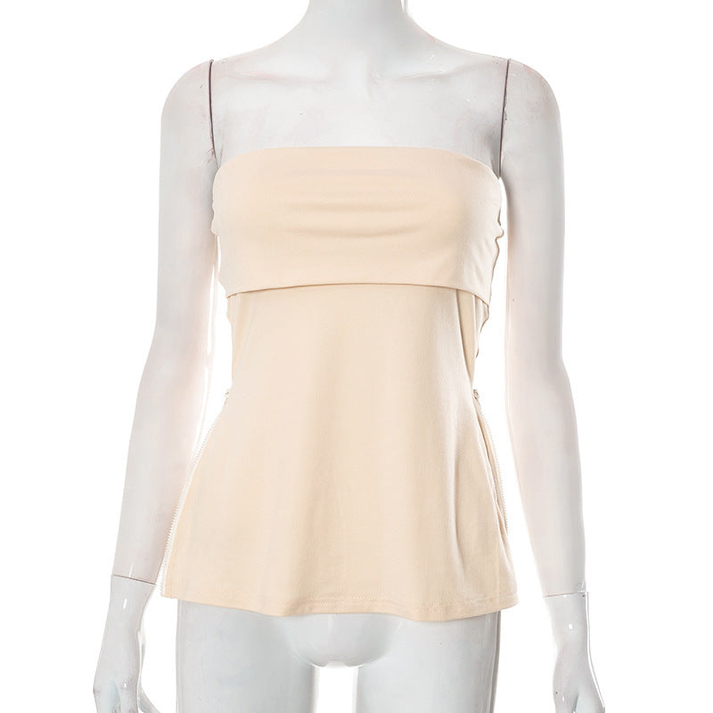 Sleeveless Tube Top Beauty Back Waist Slit Solid Color Top For Women