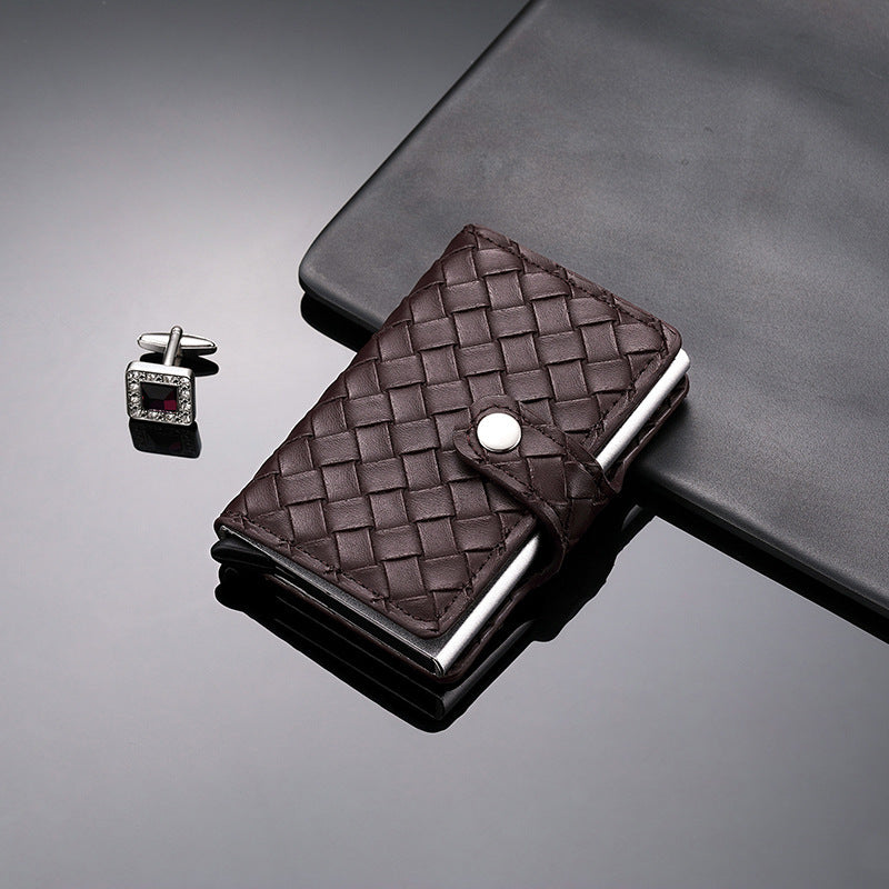 Unisex PU Card Holder Slim Woven Pattern Auto Pop Up