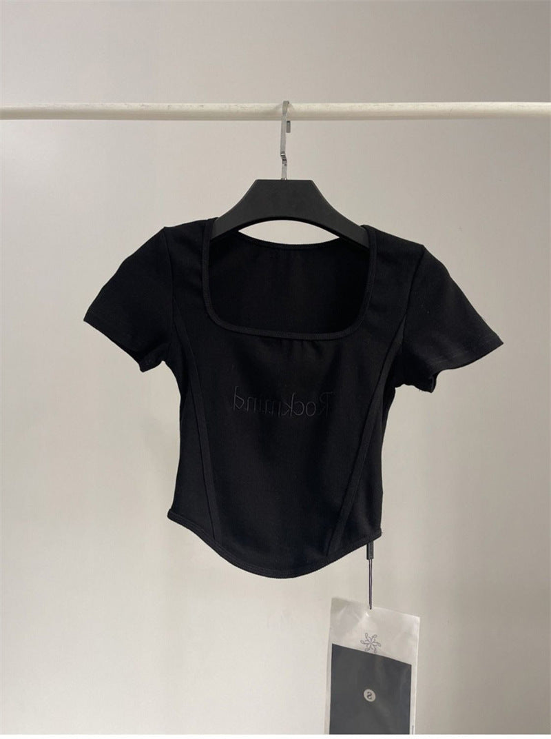 Hot Girl Short High Waist Crop Top Women's Summer Sexy Tight Curved Hem Short Sleeve T-shirt