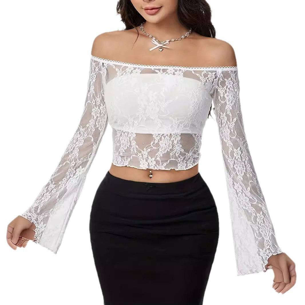 Off-neck Single Layer Lace Stitching T-shirt For Women