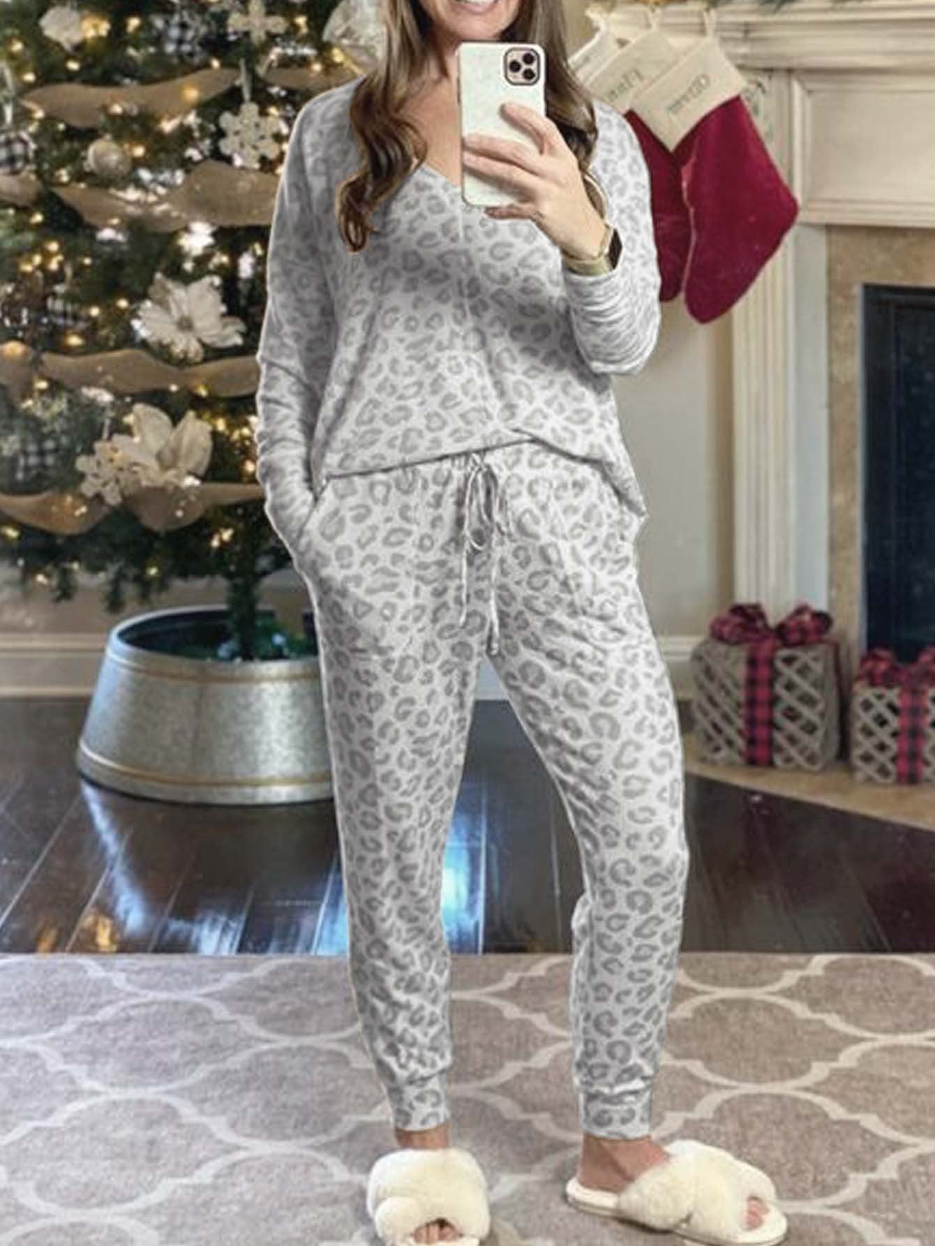Womens Leopard Print Pajama Set Relaxed Fit Polyester
