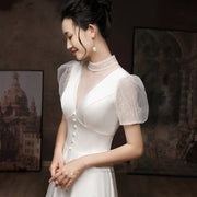 Elegant White French Satin Light Engagement and Wedding Dress for Women