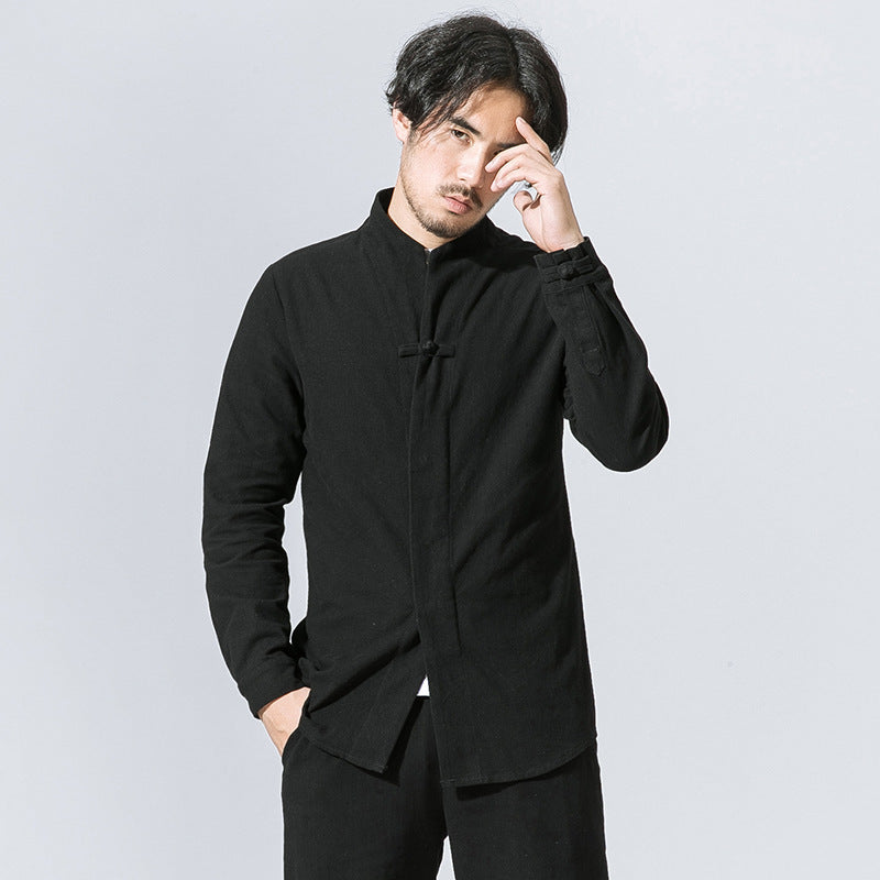 Cotton Linen Men Disc Button Long Sleeved Shirt