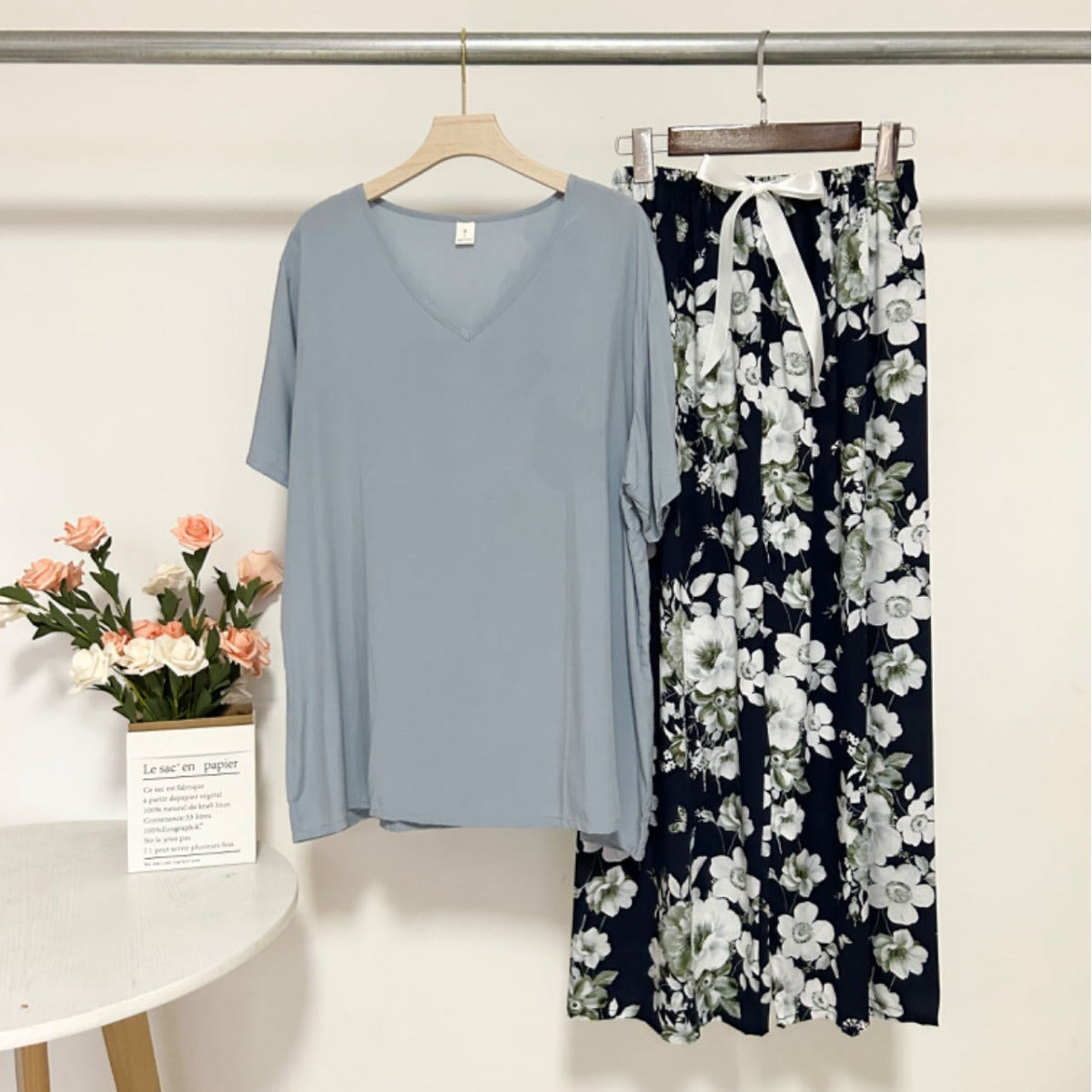 Summer Artificial Cotton Thin Short Sleeve Pants Loungewear Suit