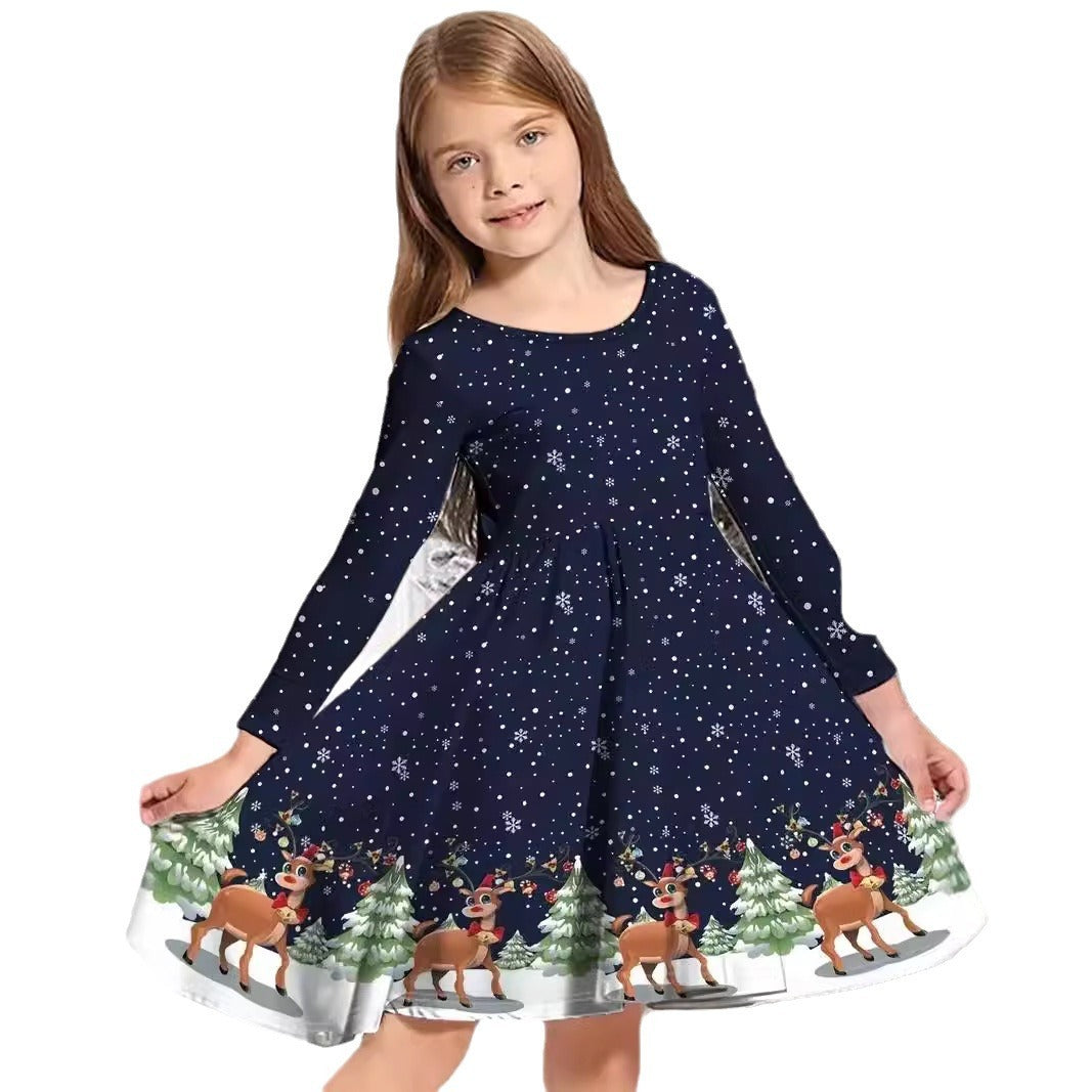 Girl's Long-sleeved Dress Christmas Deer