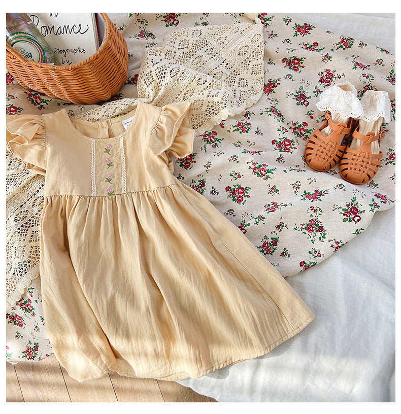 Children's Clothing Lace Flower Embroidery Girl's Dress Sweet Cotton Girl Short Sleeve Skirt