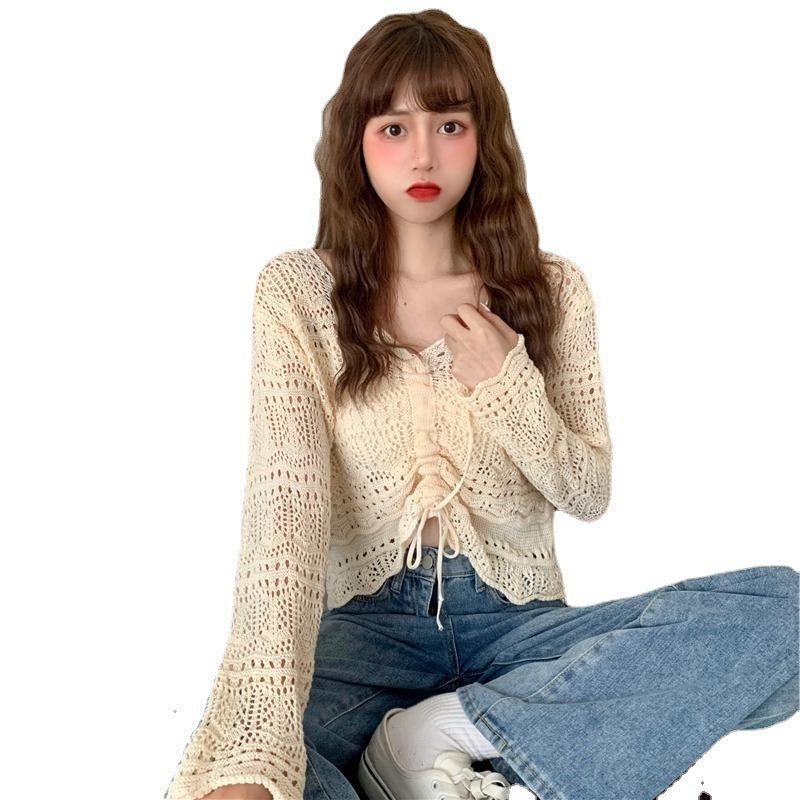 New Korean Style Loose V Neck Drawstring Crop Top