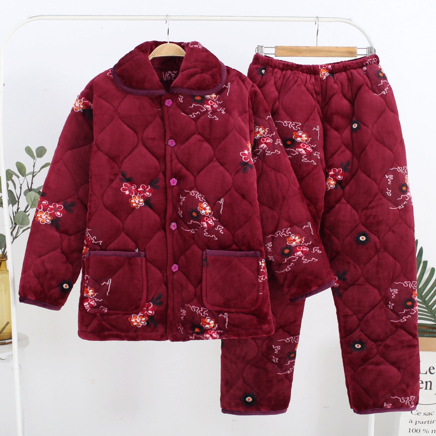 Women's Fashion Coral Fleece Three-layer Thickened Fleece-lined Warm Loungewear