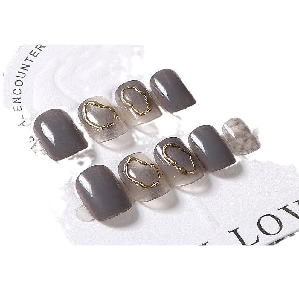 Autumn And Winter Ice Transparent Gray Gold Coil Square Short Nail Tip