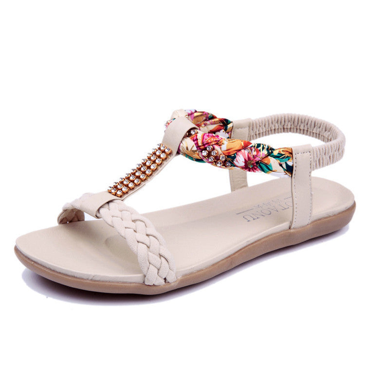 Women's Summer Bohemian Sandals Rhinestone Flat-heeled Flat Peep Toe Shoes