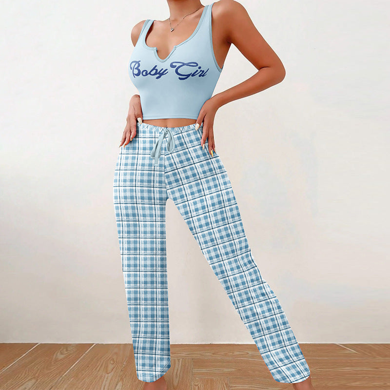 Spring Summer Women’s Casual Pajamas Set – Vest & Color-Matching Plaid Trousers