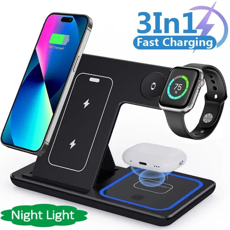 15W 3-in-1 Foldable Wireless Charger Stand, Fast Qi for iPhone 15–11, Apple Watch Series 9–5 & AirPods Pro with LED